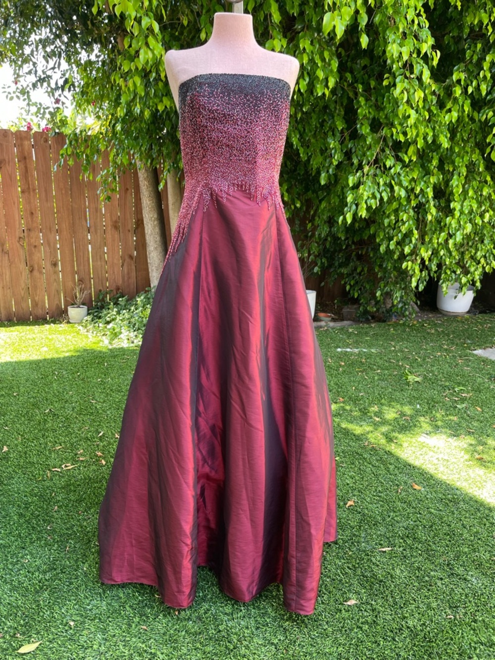 Cassandra Stone Vintage Strapless Burgundy Beaded Special Occasion Evening Gown